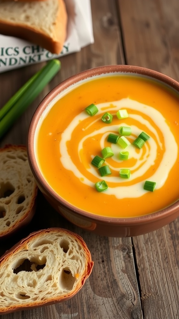 A creamy two-potato soup garnished with green onions, served with a slice of crusty bread on a rustic table.